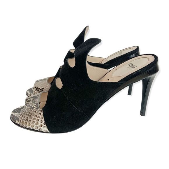 NIB FENDI Black Suede & Snake Skin Slip On Heeled Mules Size EU 39 - Picture 3 of 11
